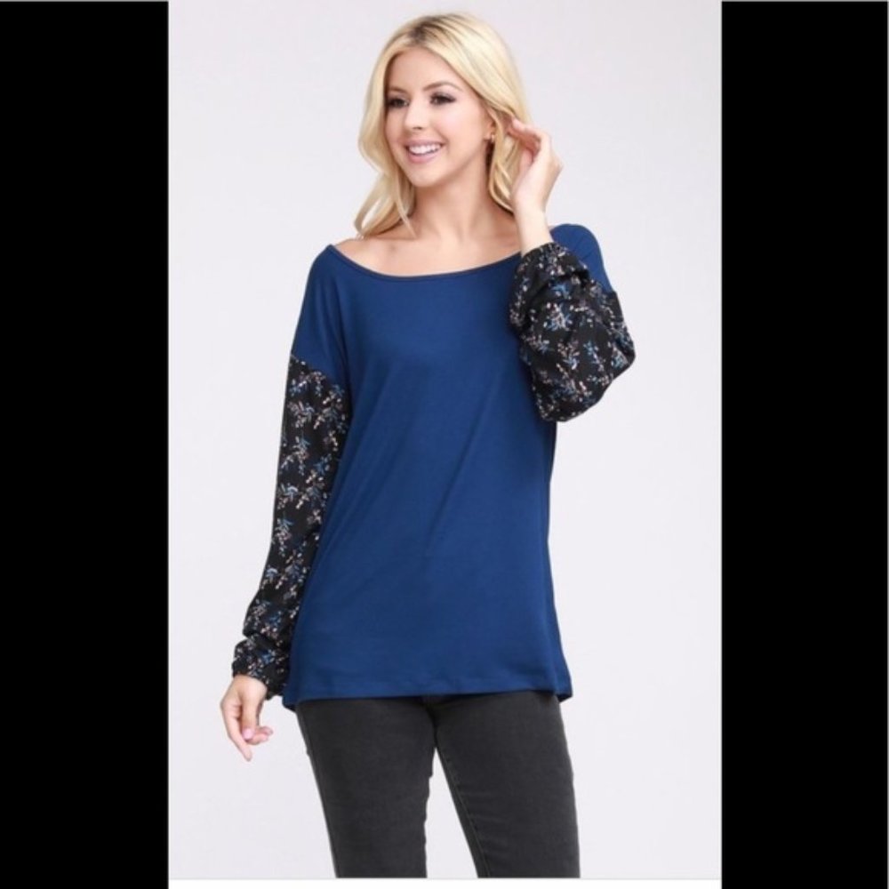 Blue Top with Floral Sleeves-New
